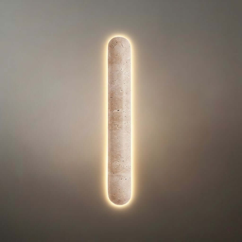 Travertine Pillar Wall Lamp — Slender Carved Stone with Back Glow